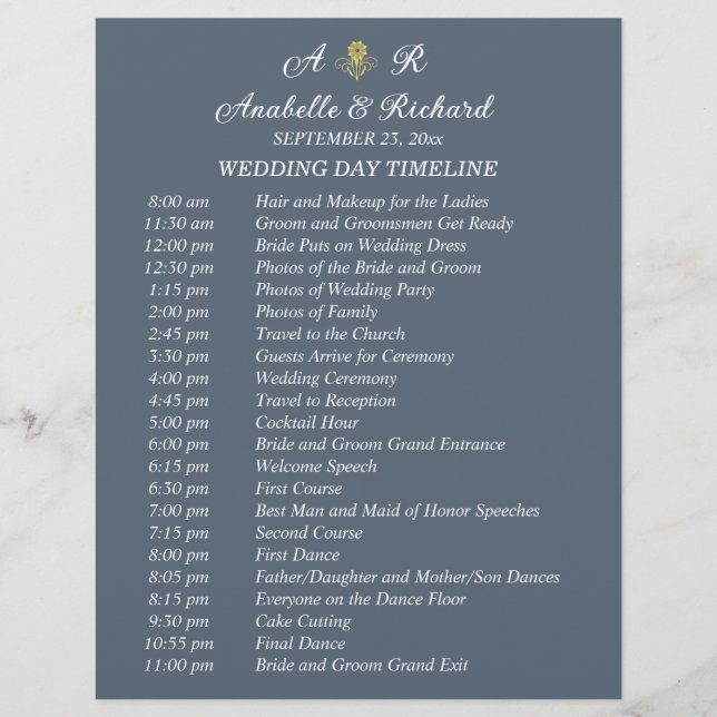 Simple Monogram Elegant Wedding Timeline Flyer (Front)