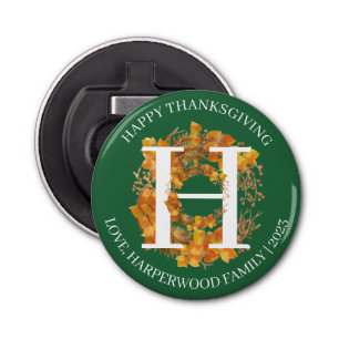 Simple Monogram Fall Harvest Happy Thanksgiving Bottle Opener