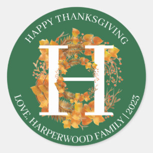 Simple Monogram Fall Harvest Happy Thanksgiving Classic Round Sticker