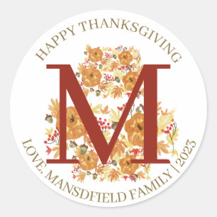Simple Monogram Fall Harvest Happy Thanksgiving Classic Round Sticker