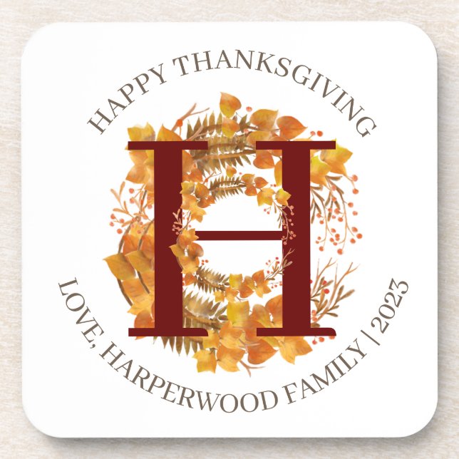 Simple Monogram Fall Harvest Happy Thanksgiving Coaster (Front)