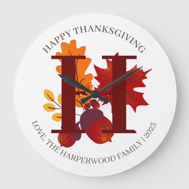 Simple Monogram Fall Harvest Happy Thanksgiving Large Clock (Front)
