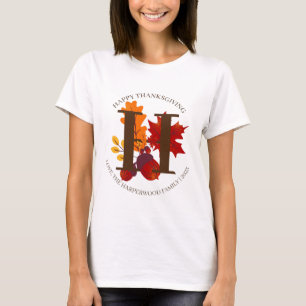 Simple Monogram Fall Harvest Happy Thanksgiving T-Shirt