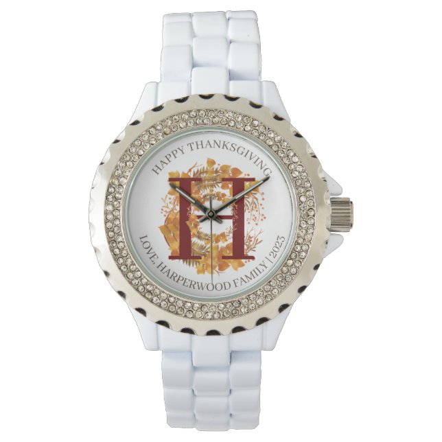 Simple Monogram Fall Harvest Happy Thanksgiving Watch (Front)