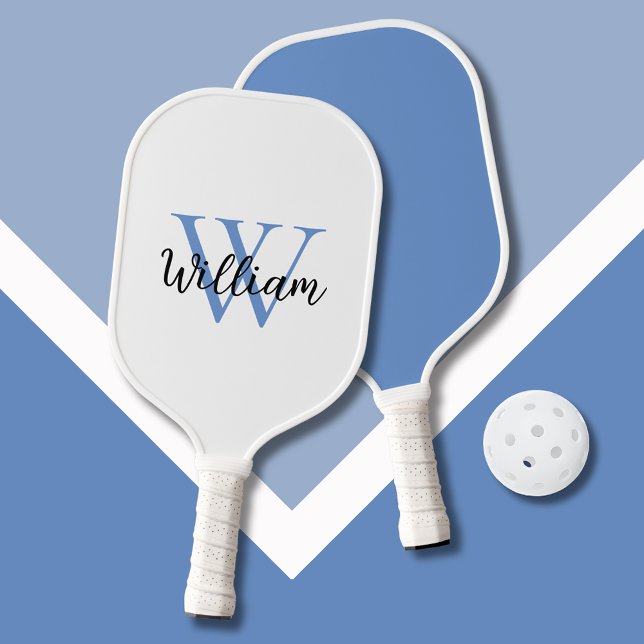 Simple Monogram First Name Mens Pickleball Paddle (Blue monogram script name personalized pickleball paddle)