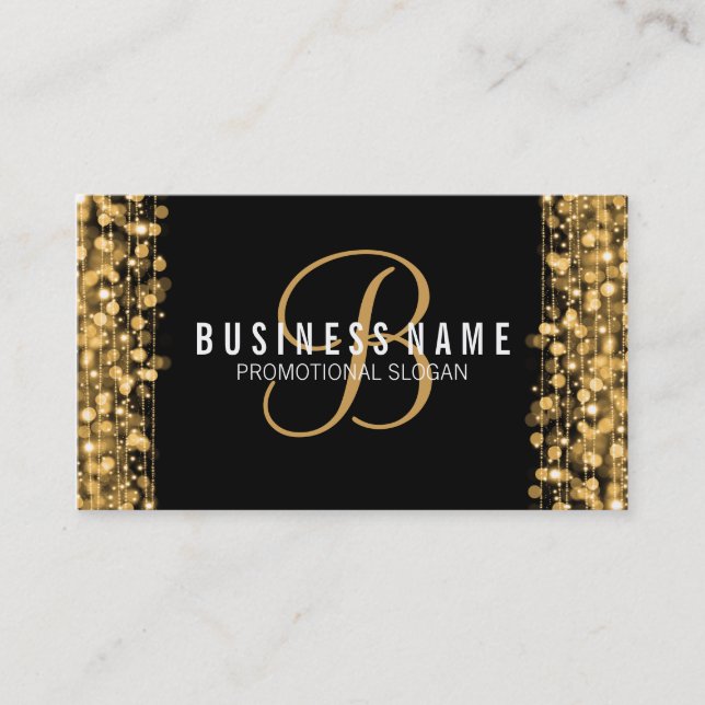 Simple Monogram Gold Lights & Sparkles Business Card (Front)