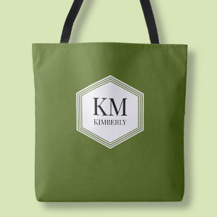 Simple Monogram Green Modern Personalised Name Tote Bag