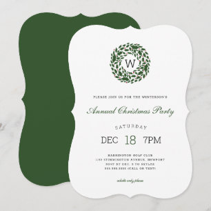 Simple monogram holly wreath Christmas Party Invitation