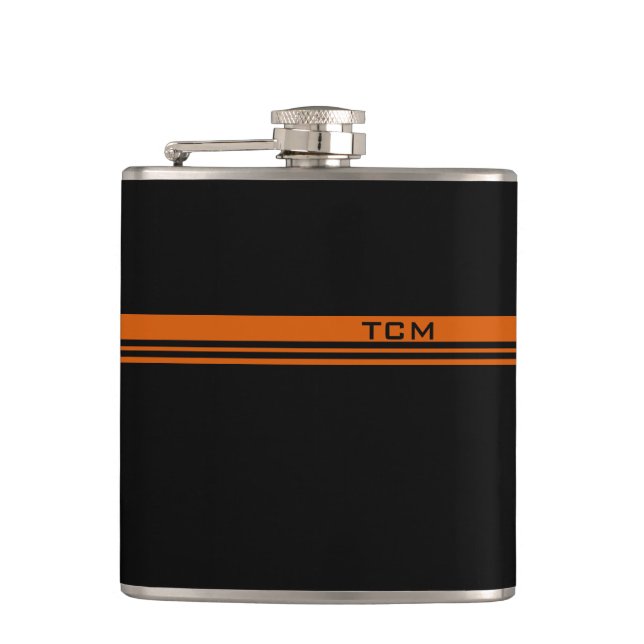 Simple Monogram in Orange and Black Hip Flask (Front)