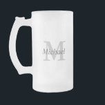 Simple Monogram Initial and Name Frosted Glass Beer Mug<br><div class="desc">This design has a large monogram initial in light grey with the name in darker charcoal grey placed across the initial. Personalise this design for someone special by replacing the sample text shown in the design template. This item makes a nice groomsman gift, Father's Day or birthday gift, housewarming gift...</div>