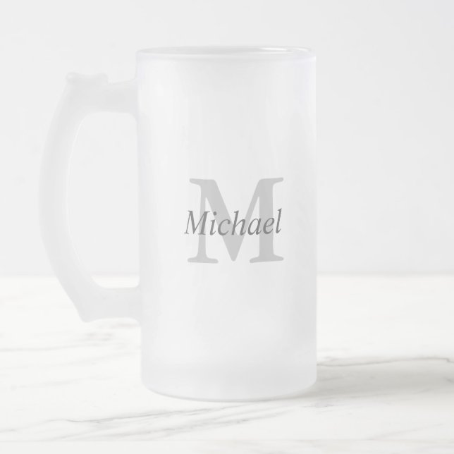 Simple Monogram Initial and Name Frosted Glass Beer Mug (Left)