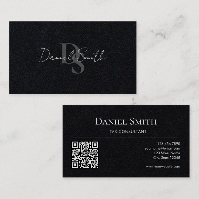 Simple Monogram Initial QRcode Premium Black Paper Business Card (Front/Back)