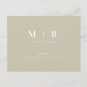 Simple Monogram Khaki Wedding Save the Date Announcement Postcard