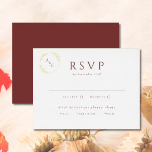 Simple Monogram Leaves RSVP Burgundy Gold Foil Invitation Postcard
