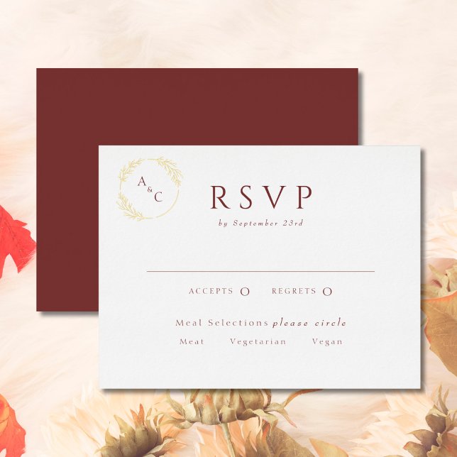 Simple Monogram Leaves RSVP Burgundy Gold Foil Invitation Postcard (Creator Uploaded)