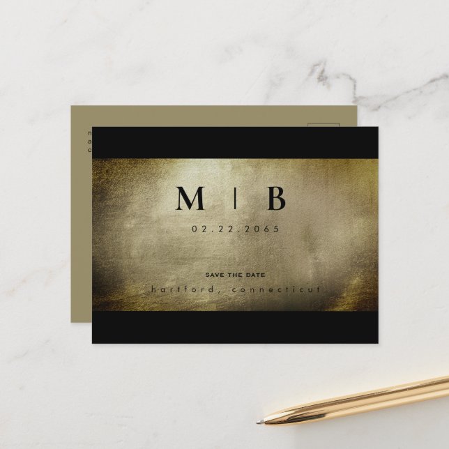 Simple Monogram Metallic Wedding Save the Date QR Announcement Postcard (Front/Back In Situ)