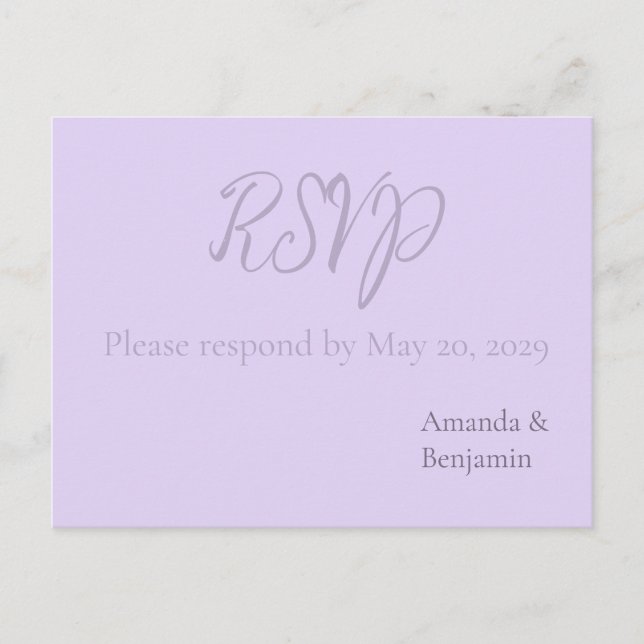 Simple Monogram Minimalist Lavender Wedding RSVP Postcard (Front)