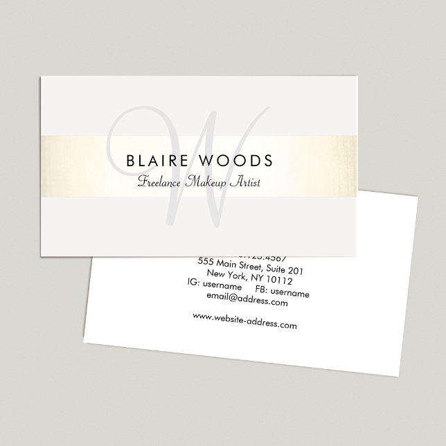 Simple Monogram Modern Gold White Striped Business Card (Creator Uploaded)