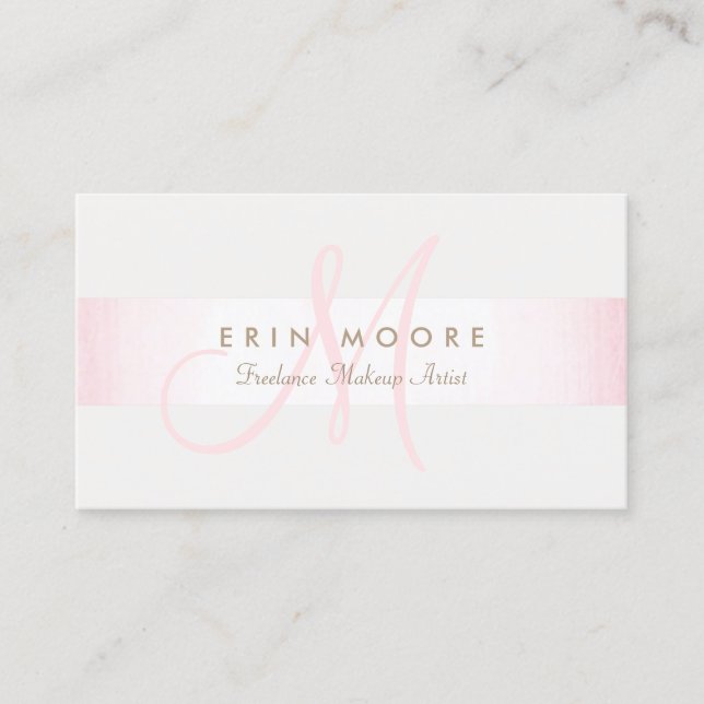 Simple Monogram Modern Pink Striped Beauty Salon Business Card (Front)