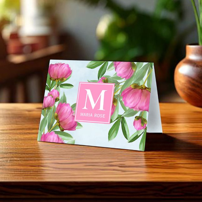 Simple Monogram Name Floral Custom Note Card (Simple monogram pink floral note card.)