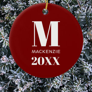 Simple Monogram Name Year Red and White Ceramic Tree Decoration
