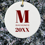 Simple Monogram Name Year Red and White Ceramic Tree Decoration<br><div class="desc">Modern simple typography minimalist monogram name and year design which can be changed to personalise. A festive winter holiday red and white colour scheme.</div>