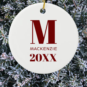 Simple Monogram Name Year Red and White Ceramic Tree Decoration