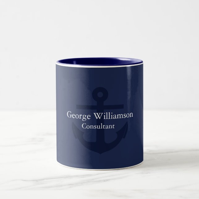 Simple Monogram Nautical Anchor Navy Blue White Two-Tone Coffee Mug (Center)