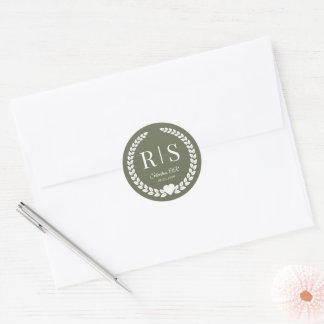 Simple Monogram Olive Green Classic Round Sticker