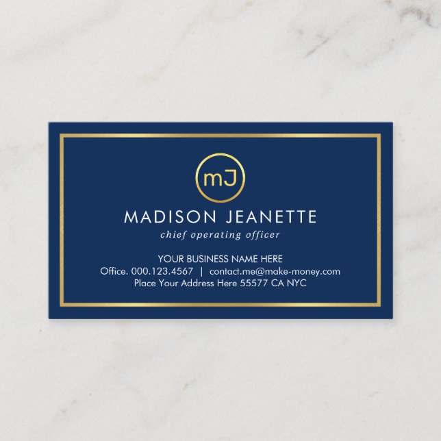 Simple Monogram On Gold Frame Blue Layer Business Card (Front)