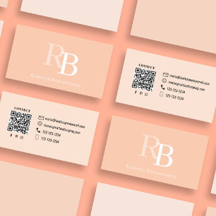 Simple Monogram Peach QR Code Connect with Me Business Card