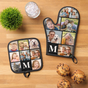 Simple Monogram Photo Collage Mitt 6 Potholder 8 Oven Mitt & Pot Holder Set