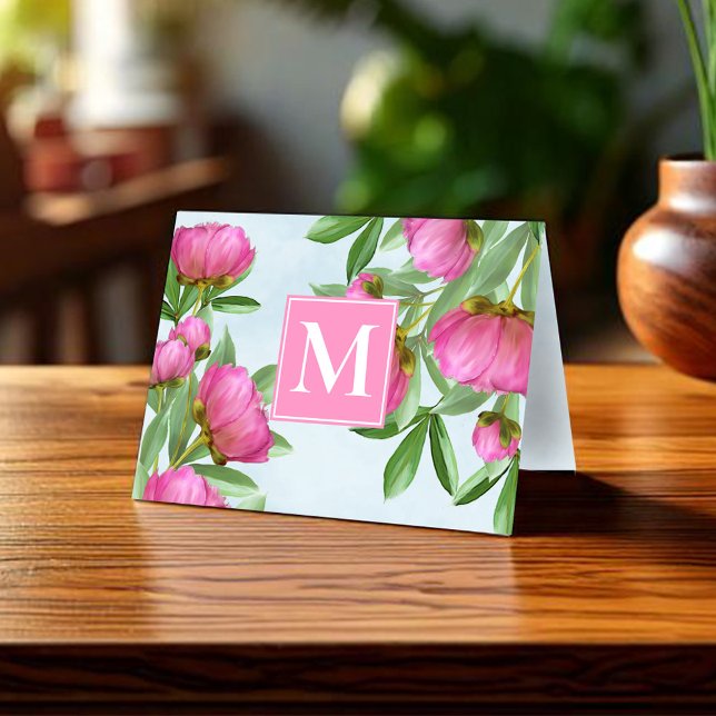 Simple Monogram Pink Floral Custom Note Card (Simple monogram pink peonies note card. )