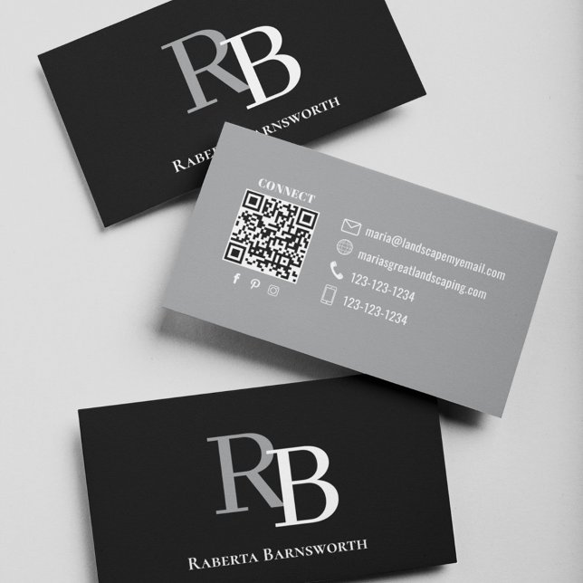 Simple Monogram QR Code Black | Connect with Me Business Card (Black and gray business card with simple monogram.)