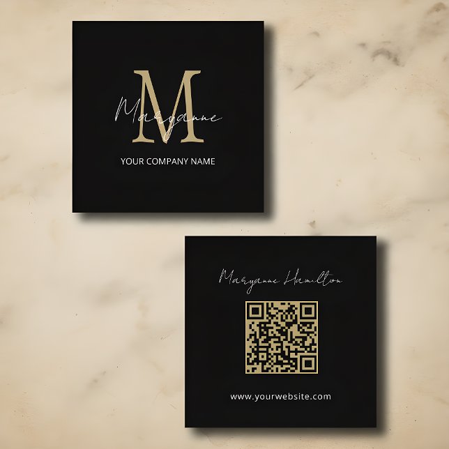 Simple Monogram QR Code Black Square Business Card (Creator Uploaded)