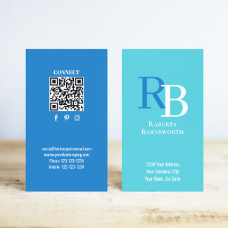 Simple Monogram QR Code Blue | Connect with Me Business Card