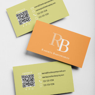 Simple Monogram QR Code Orange Connect with Me Business Card