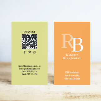 Simple Monogram QR Code Orange | Connect with Me Business Card