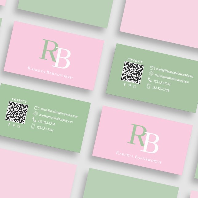 Simple Monogram QR Code Pink | Connect with Me Business Card (Pink and green business card with simple monogram and QR code.)
