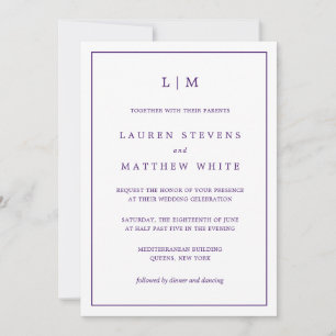 Simple Monogram Royal Purple All In One Wedding Invitation