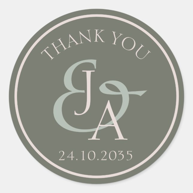 Simple Monogram Sage Green Wedding Favour  Classic Round Sticker (Front)