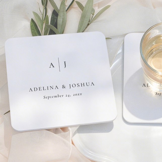 Simple Monogram Script Calligraphy Wedding Square Paper Coaster (Creator Uploaded)
