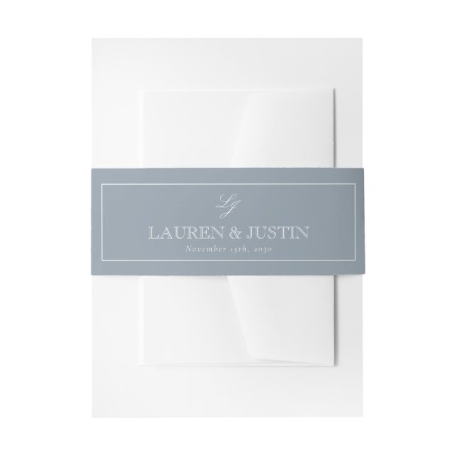Simple Monogram Script Dusty Blue Elegant Wedding Invitation Belly Band (Front Example)