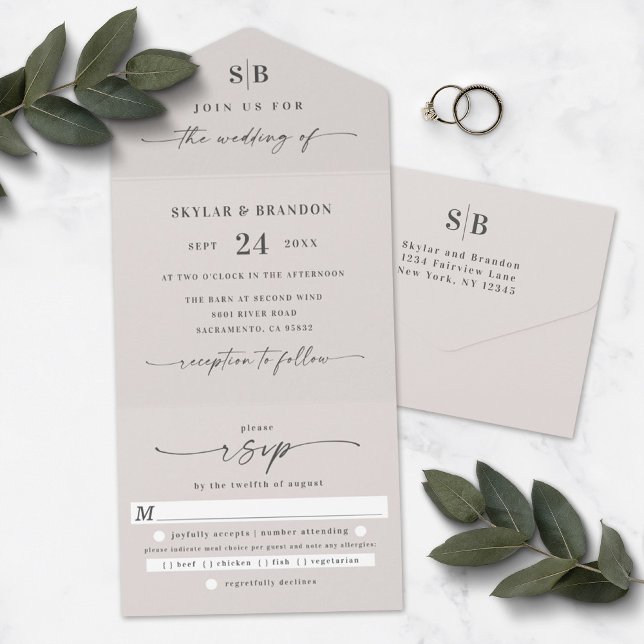 Simple Monogram & Script Ivory Off-White Wedding  All In One Invitation (Creator Uploaded)