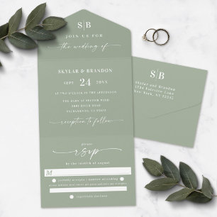 Simple Monogram & Script Leaf Green Wedding All in All In One Invitation