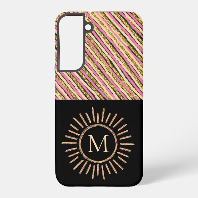 Simple Monogram Stripes Abstract Pink Yellow Gold Samsung Galaxy S22+ Case (Back)