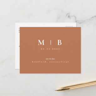 Simple Monogram Terracotta Save the Date QR Announ Announcement Postcard