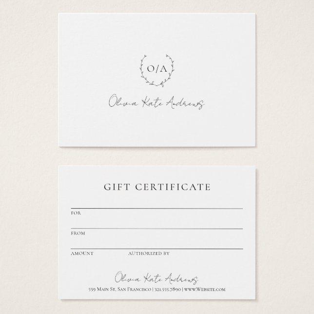 Simple Monogram Wreath Elegant Gift Certificate (Front & Back)