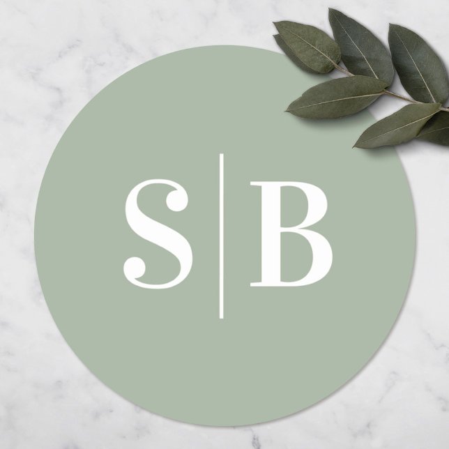 Simple Monogrammed Light Leaf Green Wedding Classic Round Sticker (Creator Uploaded)