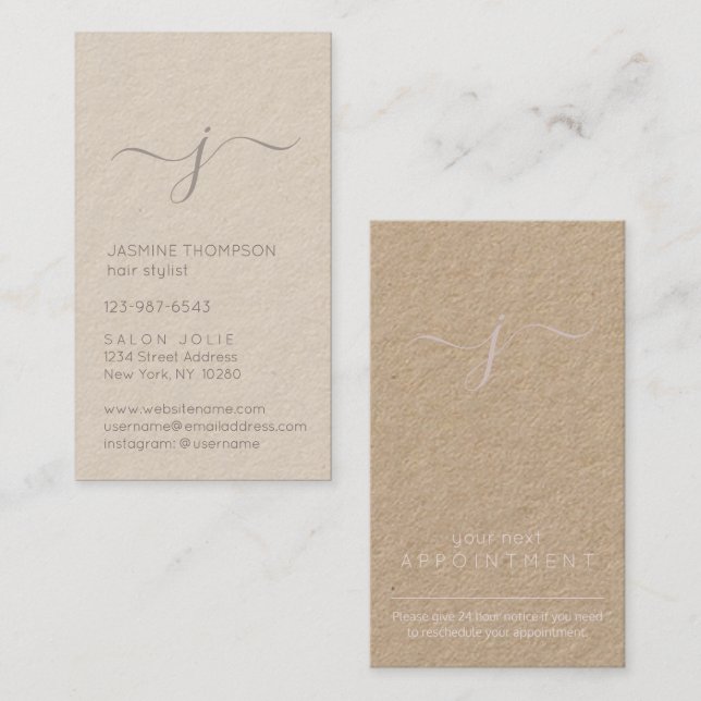 Simple Monogrammed Script Blush and Kraft Vertical Appointment Card (Front/Back)